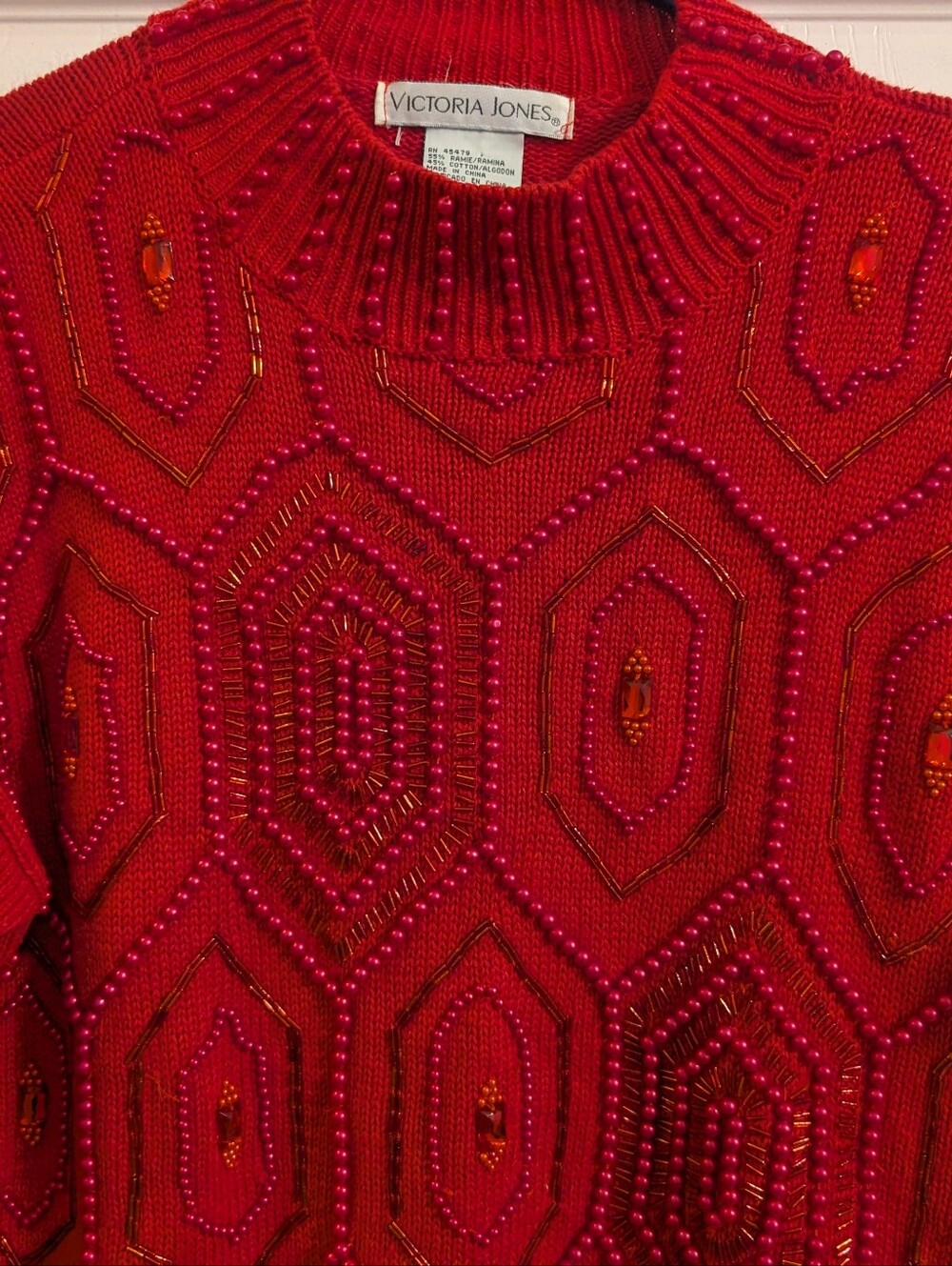 Vintage Victoria Jones Red Beaded & Jeweled Knit Sweater Women's Size Medium